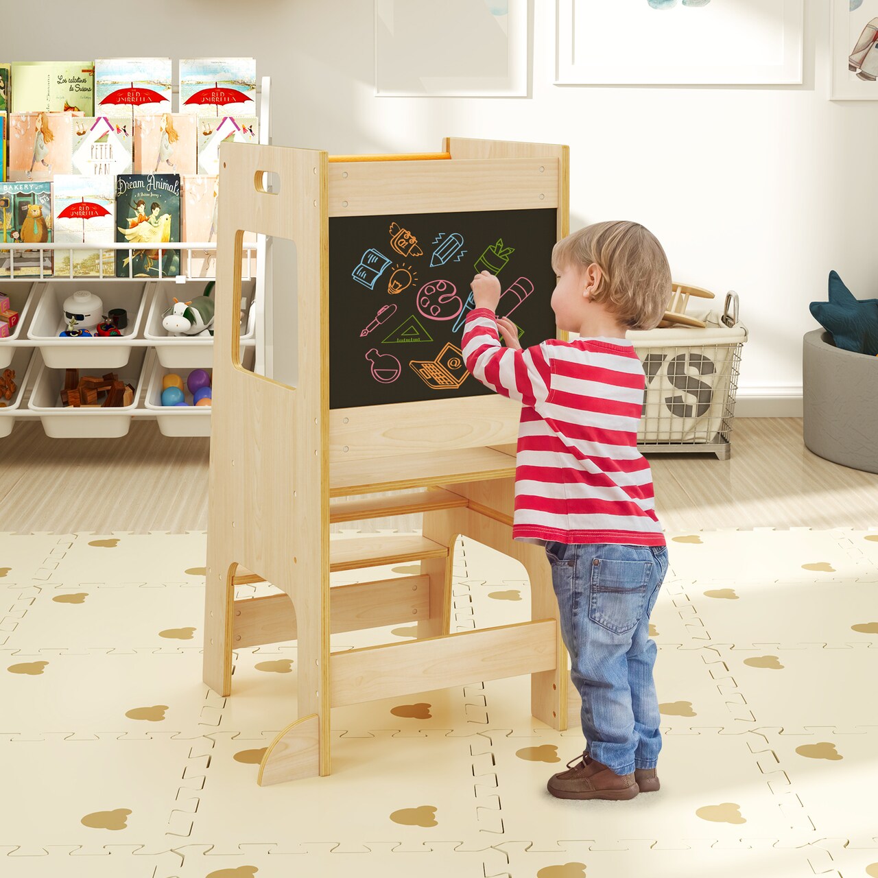 Kids Standing Step Stool Tower with Chalkboards and 2-level Height Adjustable Platform